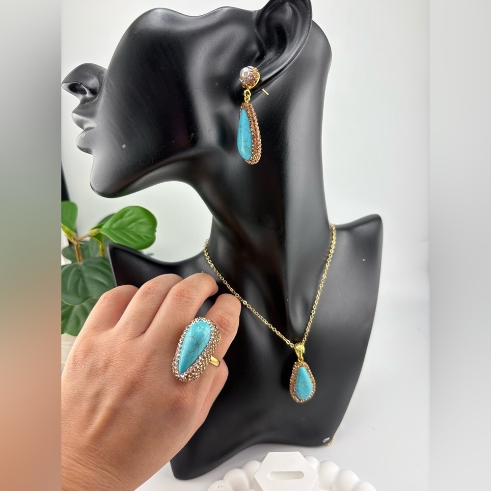 Turquoise Teardrop Jewelry Set โ Necklace, Earrings & Ring - Picture 15 of 15